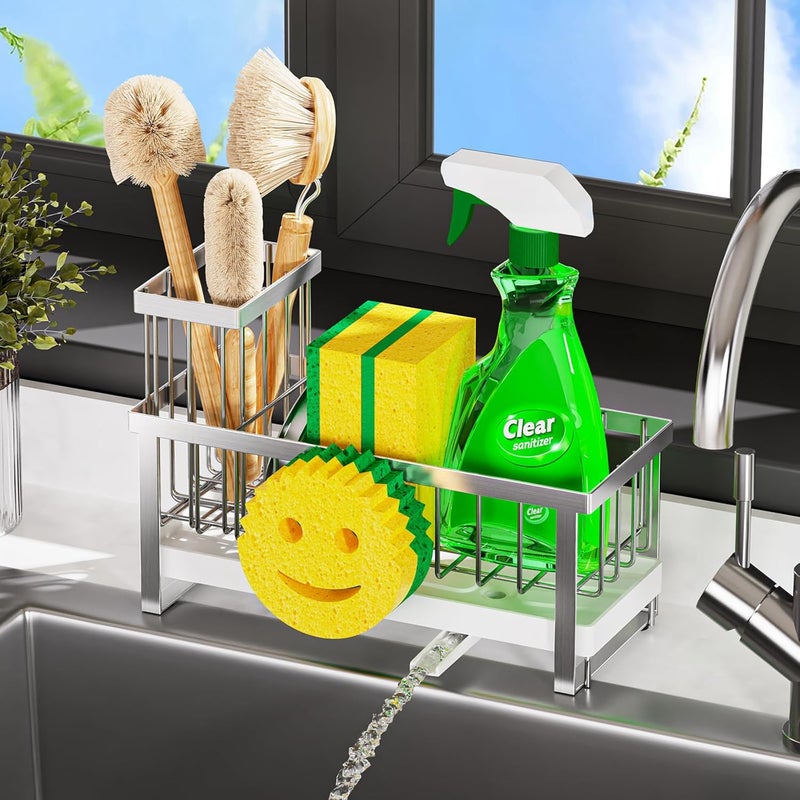 Taugast Sponge Holder for Kitchen Sink,Sink Caddy with Removable Dish Brush Holder,Self-Draining Kitchen Countertop Organizers and Storage Essentials,Soap Dispenser Organize and Home Decor-Silver - Image 5